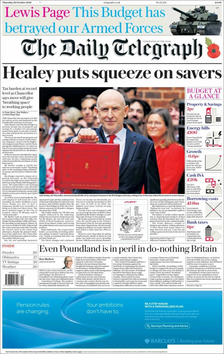 Portada de Daily Telegraph (Reino Unido)