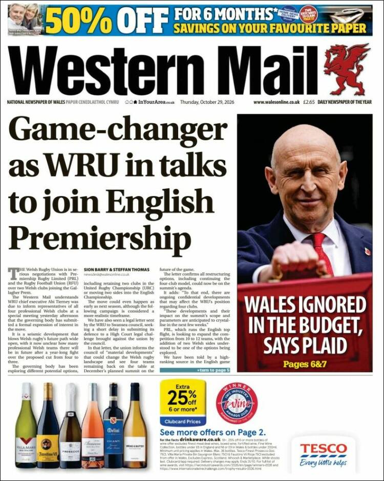 Portada de Western Mail (Reino Unido)