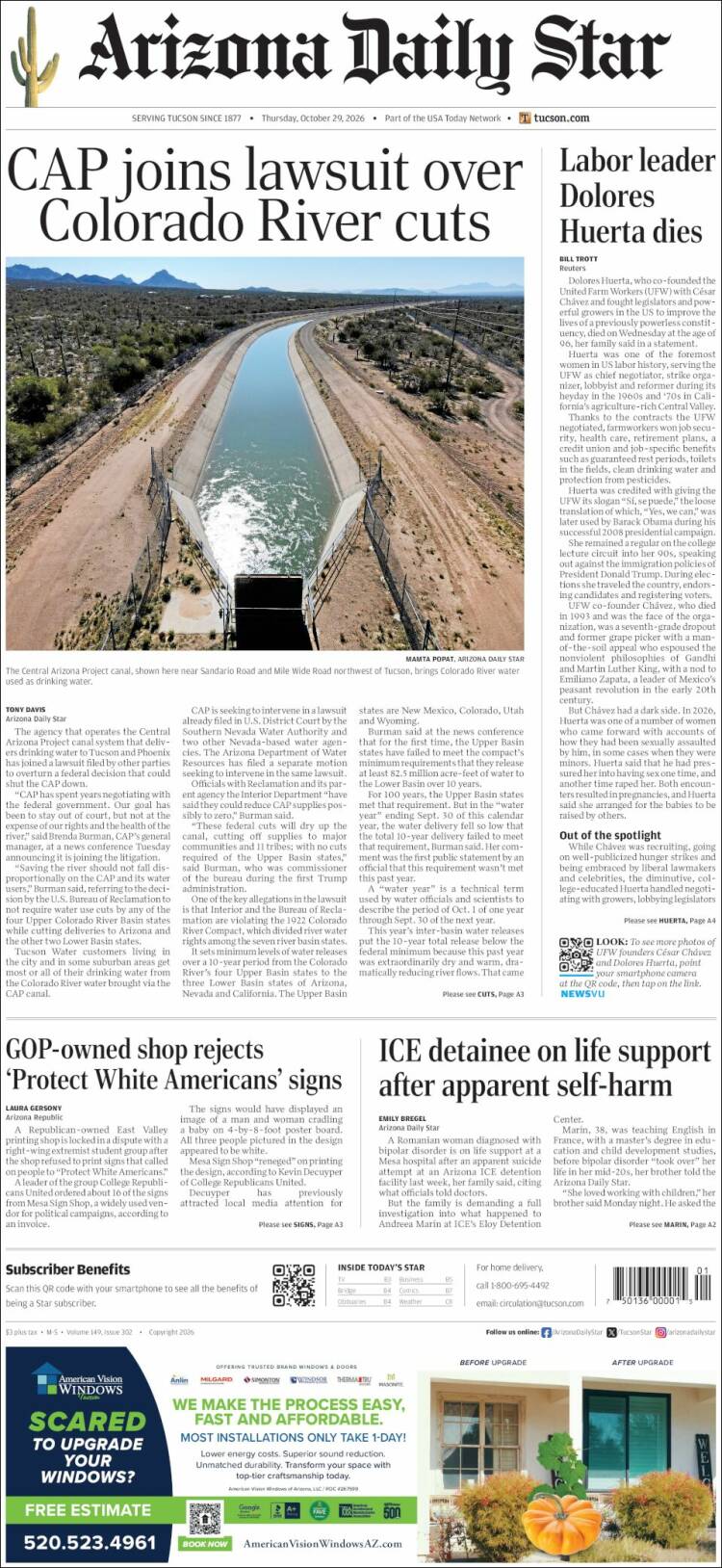 Portada de Arizona Daily Star (USA)