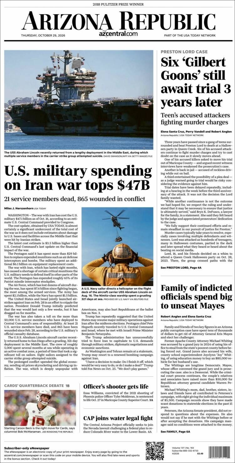 Portada de Arizona Republic News (USA)