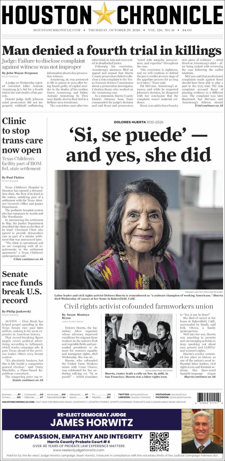 Portada de Houston Chronicle (USA)