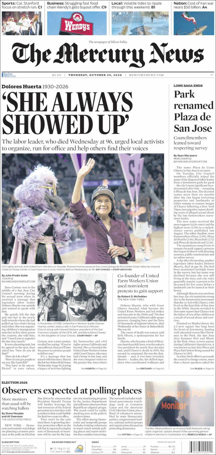 Portada de San Jose Mercury News (USA)