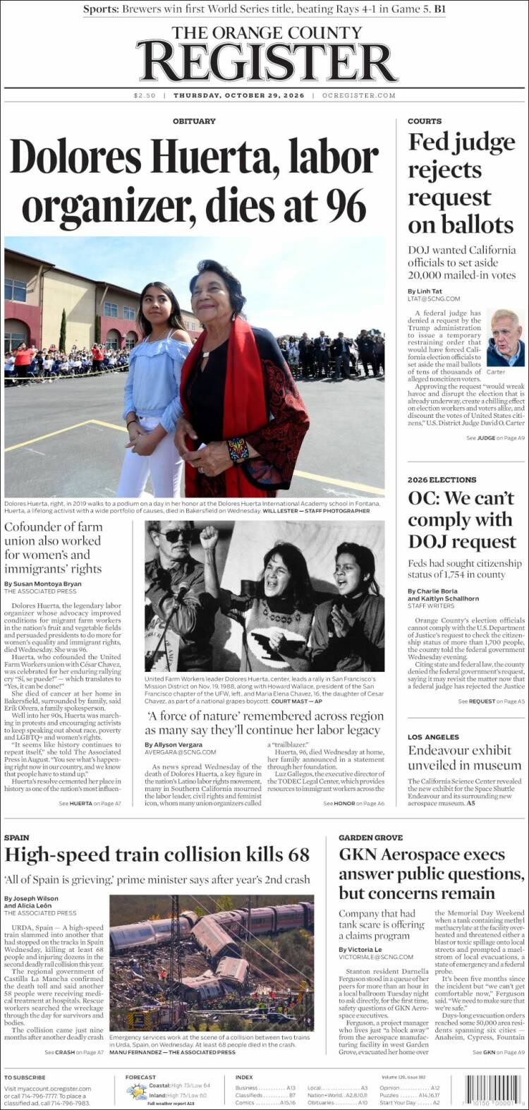 Portada de The Orange County Register (USA)