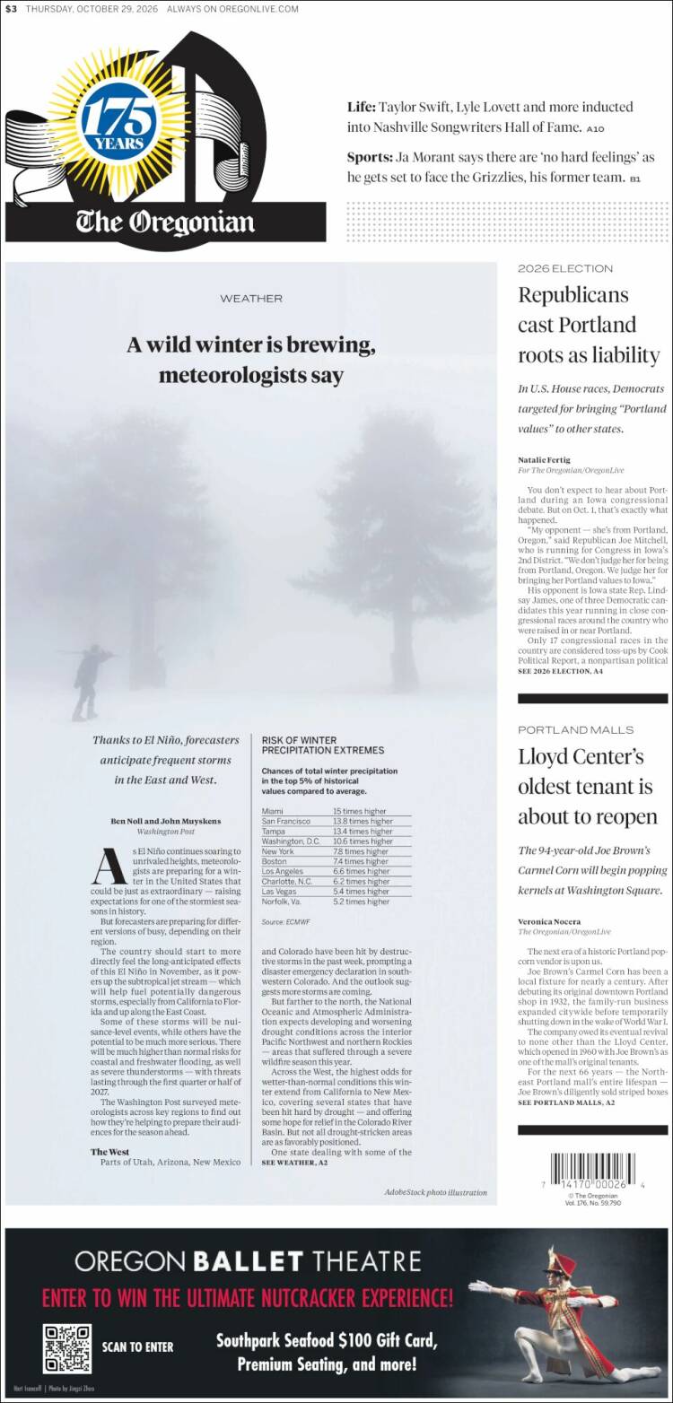 Portada de The Oregonian (USA)
