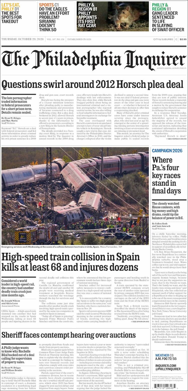 Portada de Philadelphia Inquirer (USA)