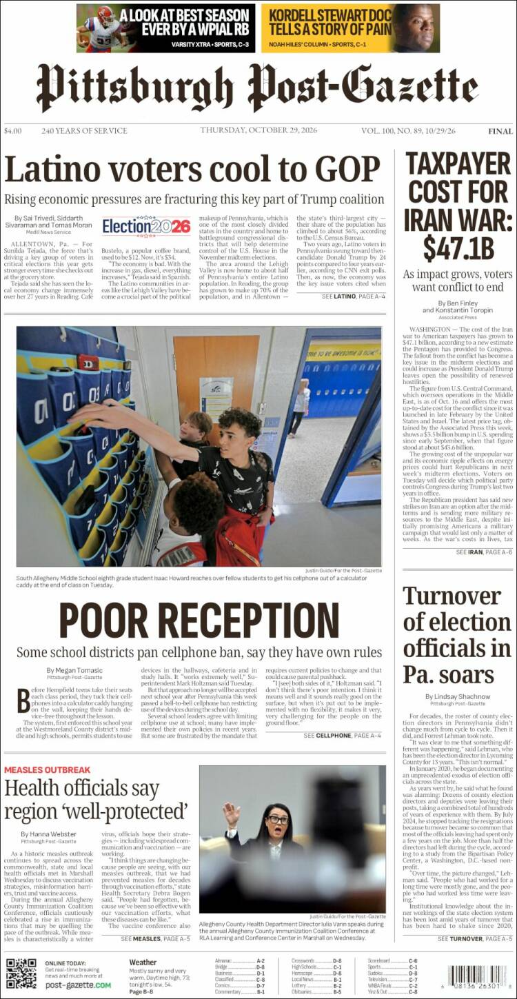 Portada de Pittsburgh Post-Gazette (USA)