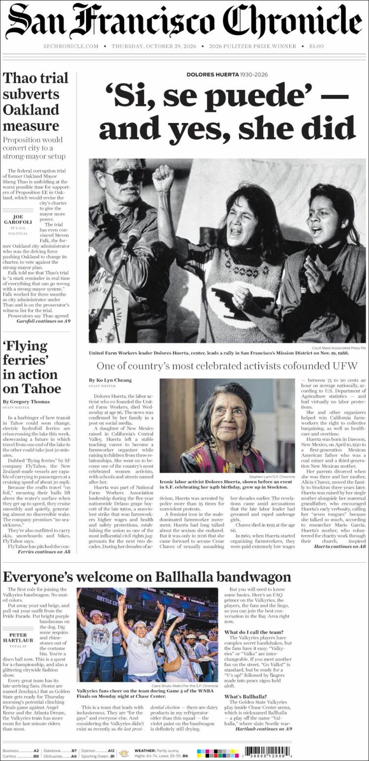 Portada de San Francisco Chronicle (USA)
