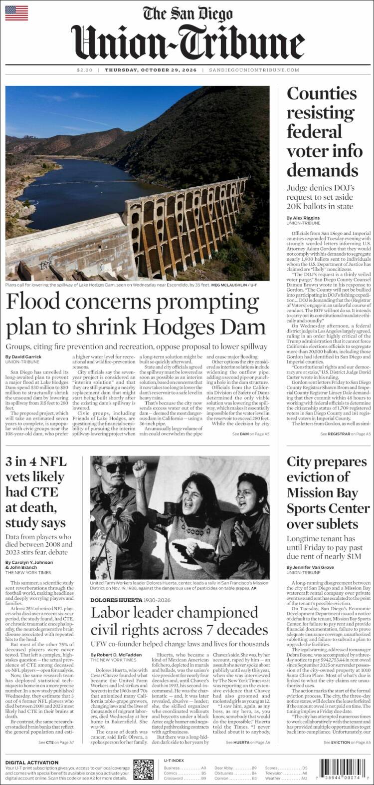 Portada de The San Diego Union-Tribune (USA)