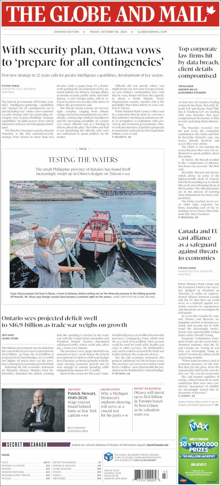 Portada de The Globe and Mail (Canad&aacute;)