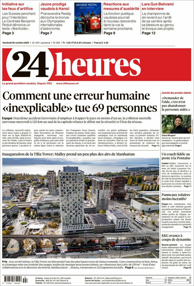 Portada de 24 Heures (Suiza)