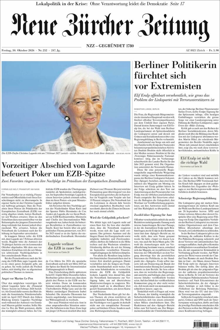 Portada de Neue Zürcher Zeitung (Suiza)