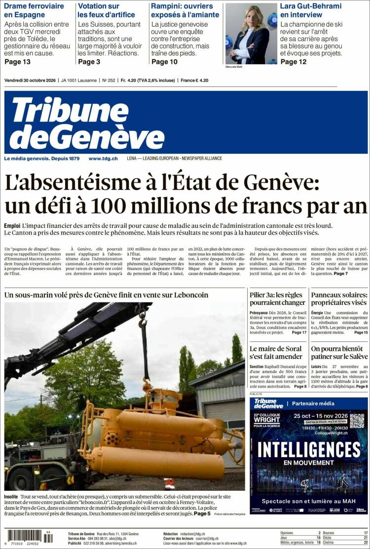 Portada de La Tribune de Genève (Suiza)