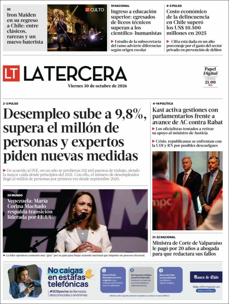 Portada de La Tercera (Chile)