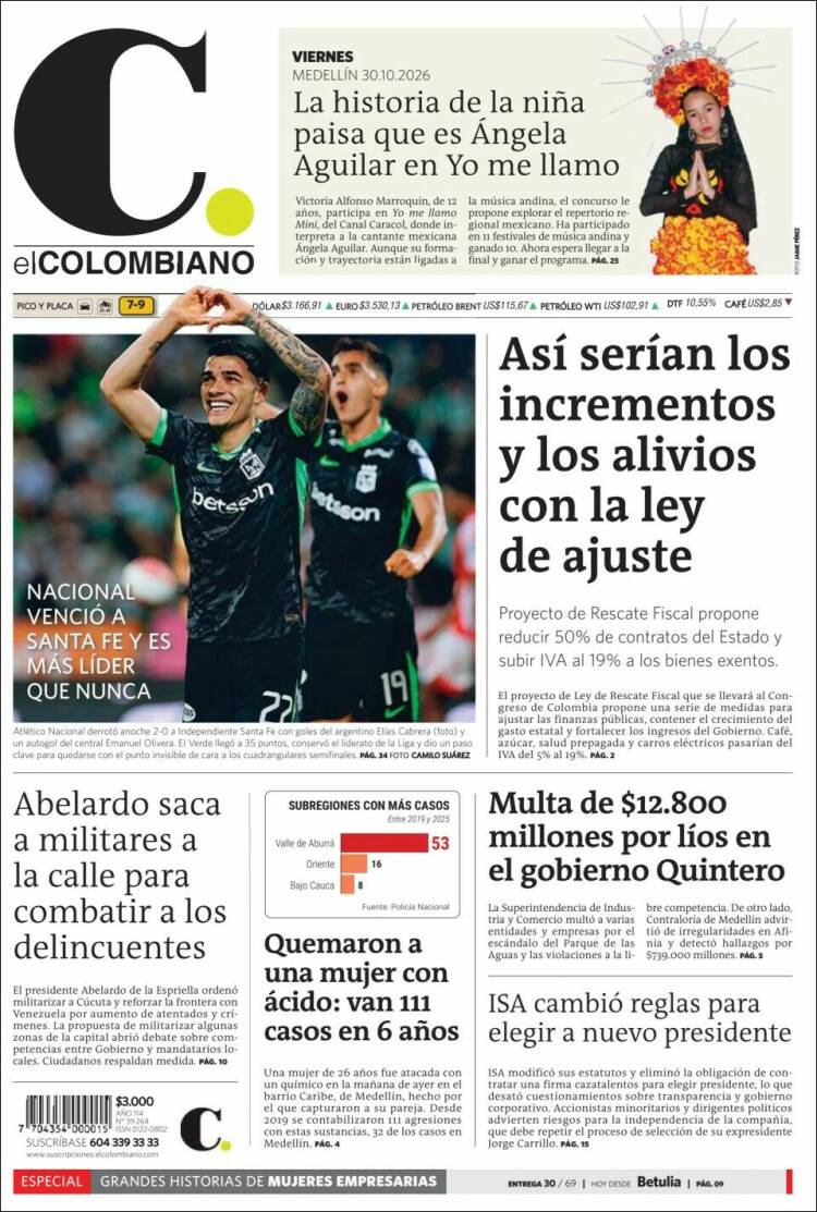 Portada de El Colombiano (Colombia)