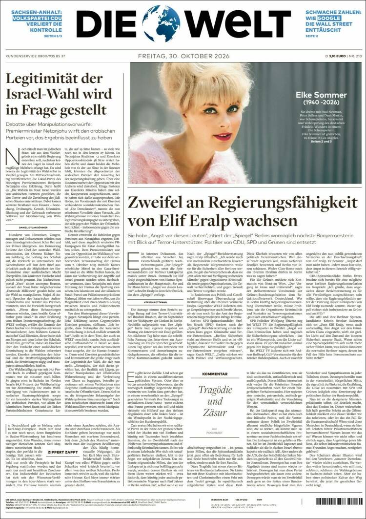 Portada de Die Welt (Alemania)