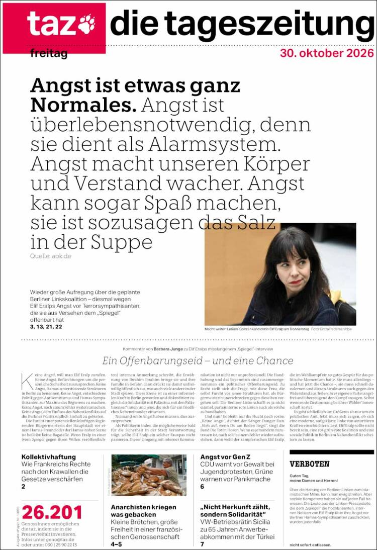 Portada de Die Tageszeitung (Alemania)