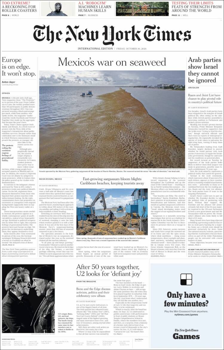 Portada de International New York Times (Europa)