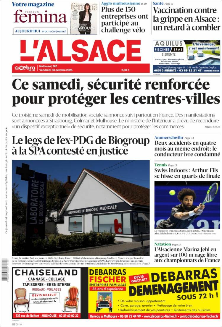 Portada de Journal L'Alsace (Francia)