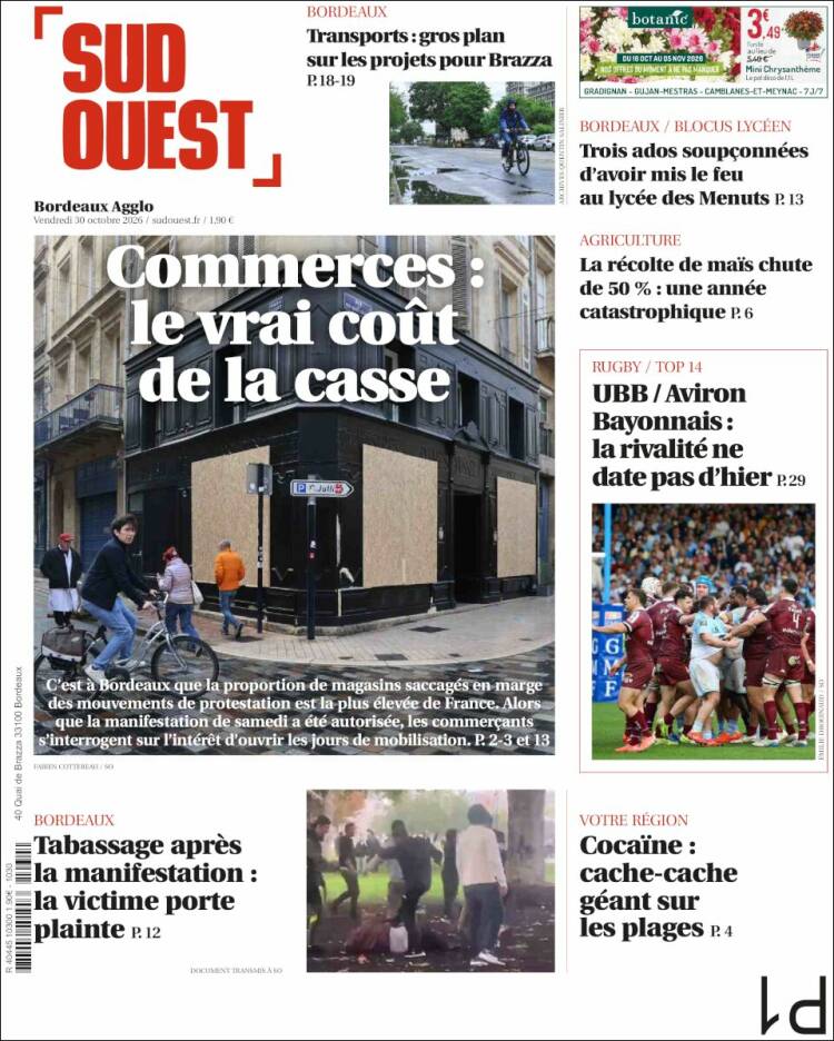 Portada de Sud Ouest (Francia)