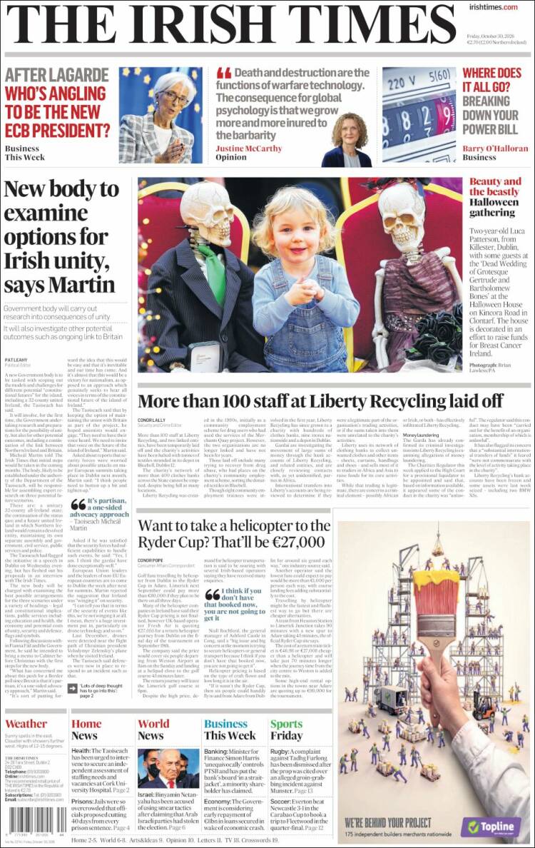 Portada de Irish Times (Irlanda)