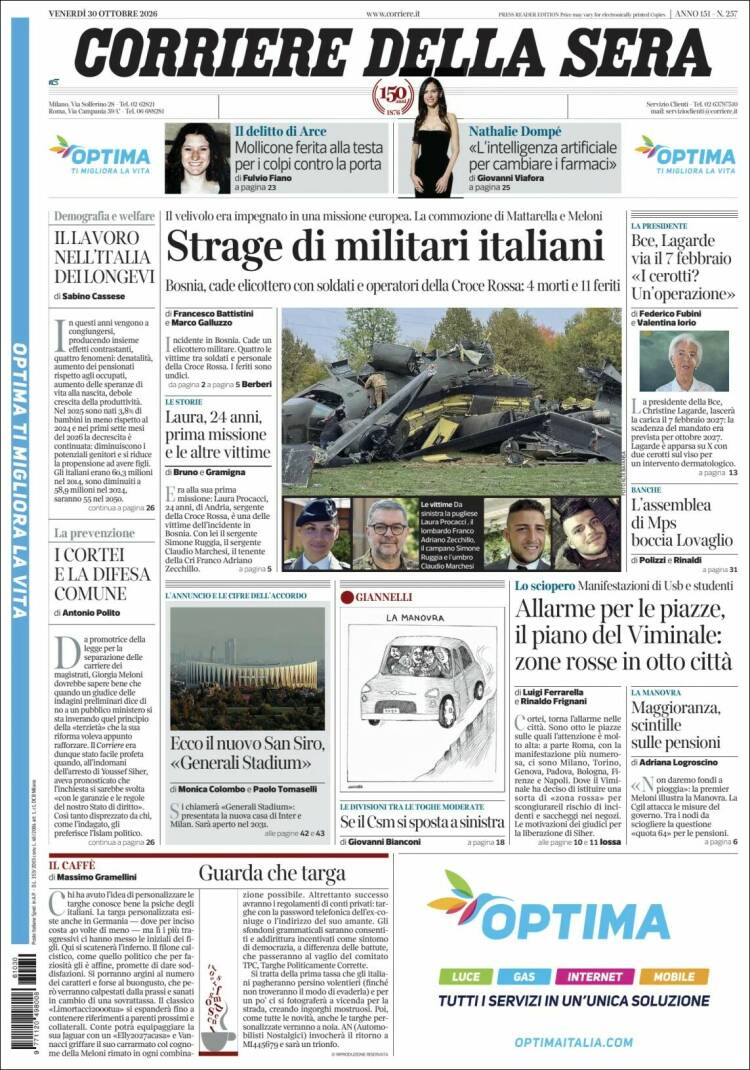 Portada de Corriere della Sera (Italia)