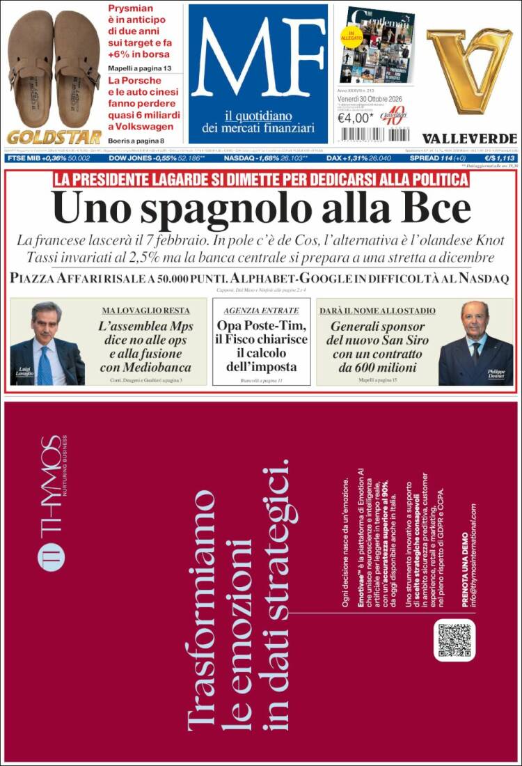 Portada de Milano Finanza (Italia)