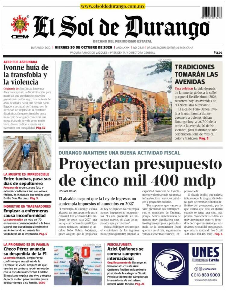 Portada de El Sol de Durango (M&eacute;xico)