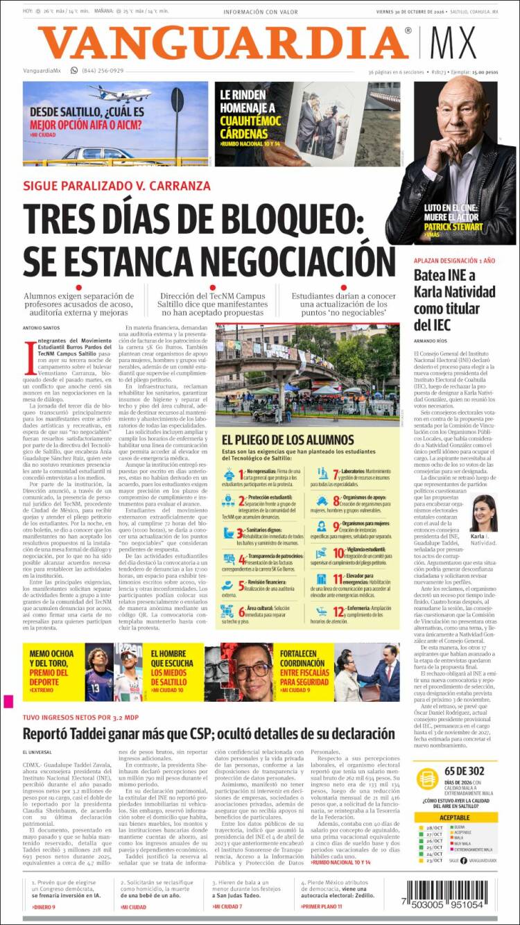 Portada de Vanguardia (M&eacute;xico)