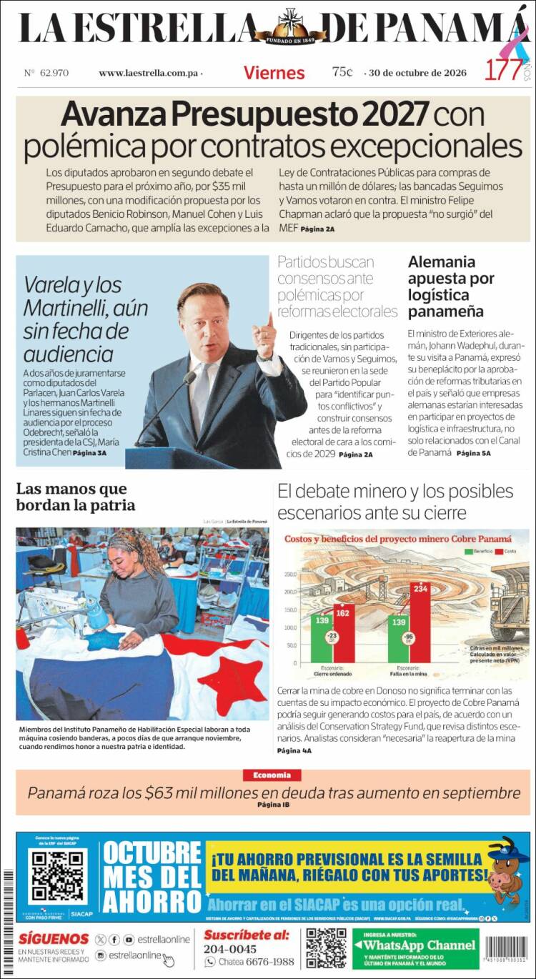 Portada de La Estrella de Panamá (Panam&aacute;)