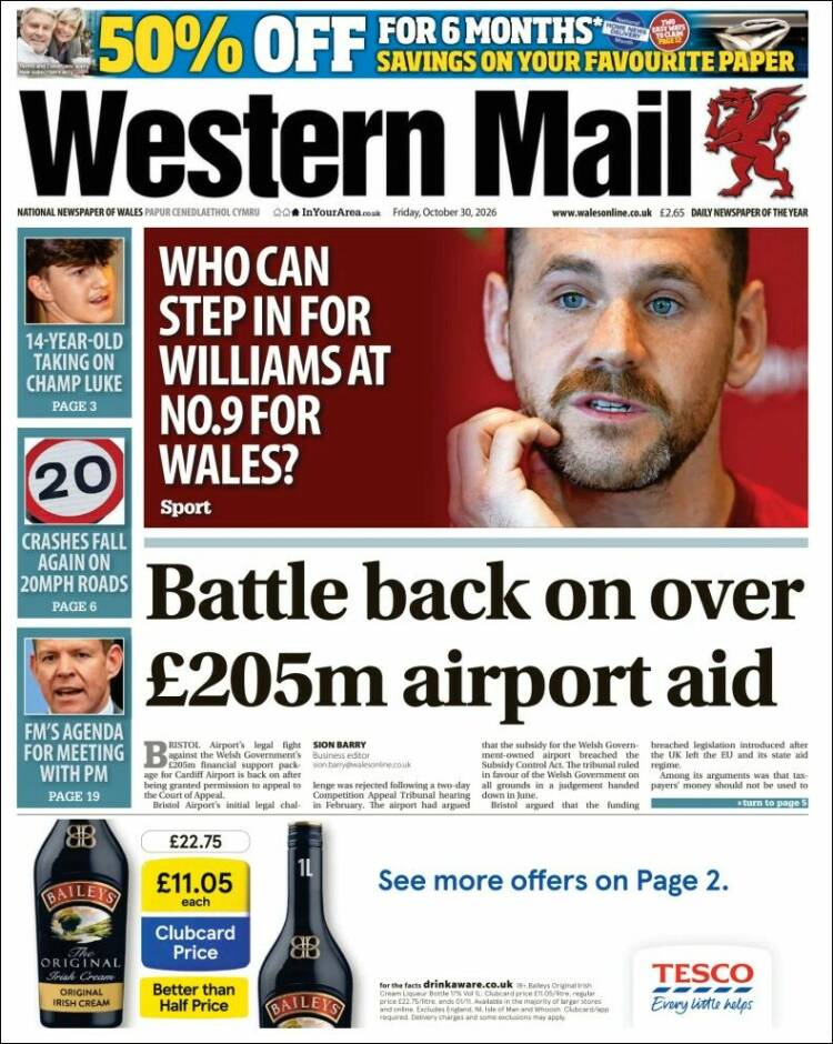 Portada de Western Mail (Reino Unido)