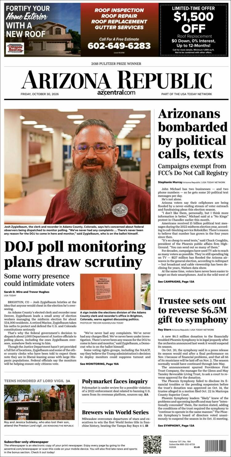 Portada de Arizona Republic News (USA)