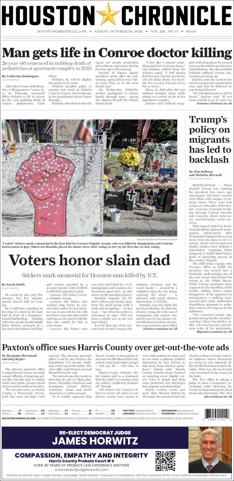 Portada de Houston Chronicle (USA)