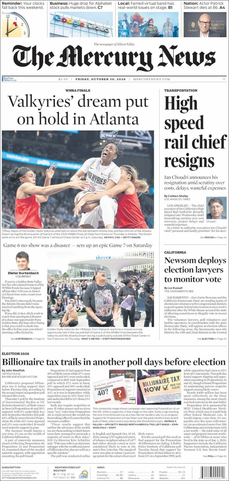 Portada de San Jose Mercury News (USA)