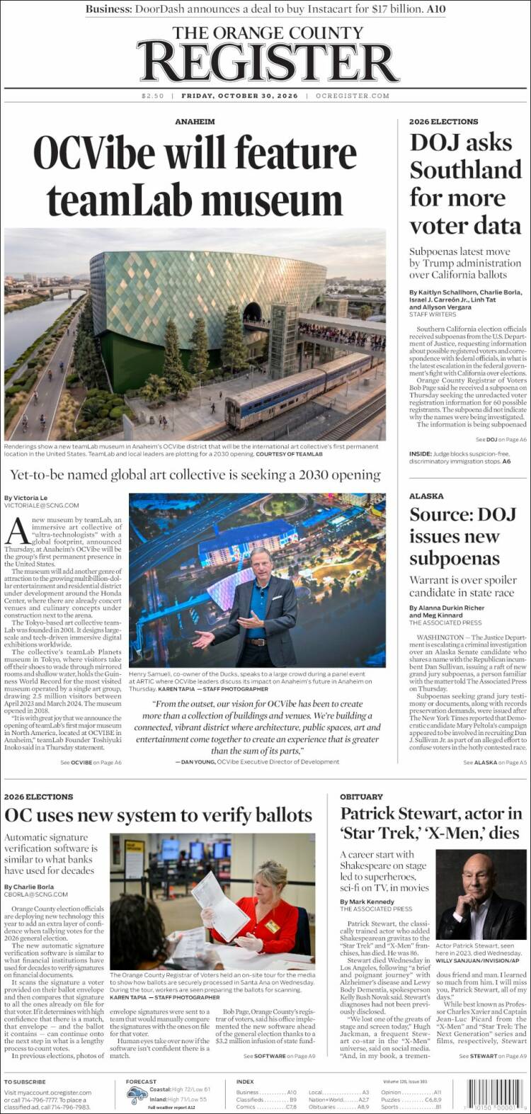 Portada de The Orange County Register (USA)
