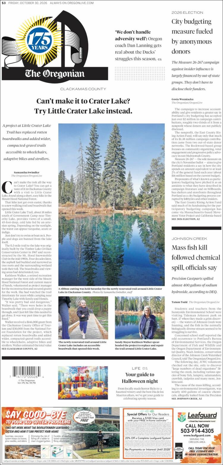 Portada de The Oregonian (USA)