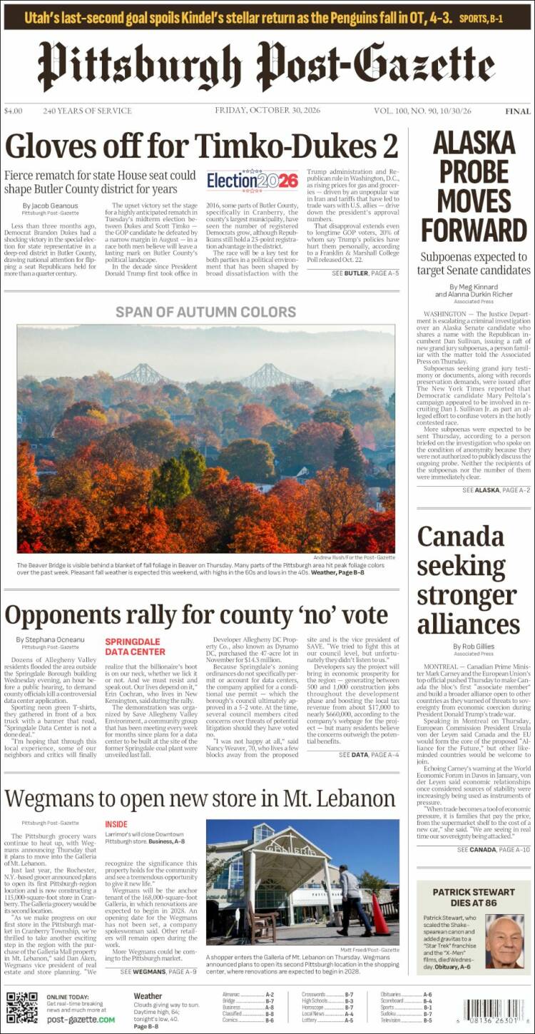 Portada de Pittsburgh Post-Gazette (USA)