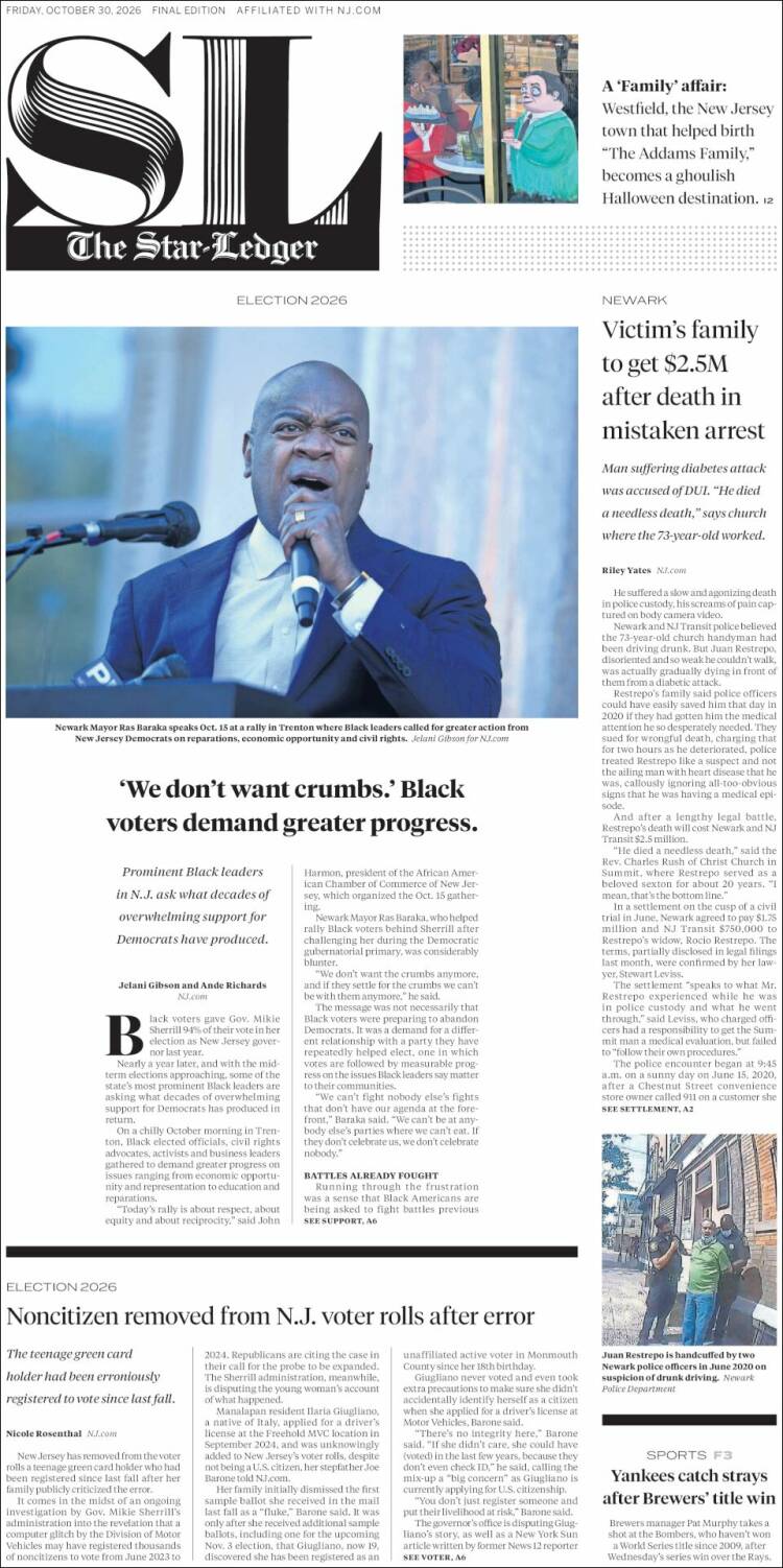 Portada de Star-Ledger (USA)