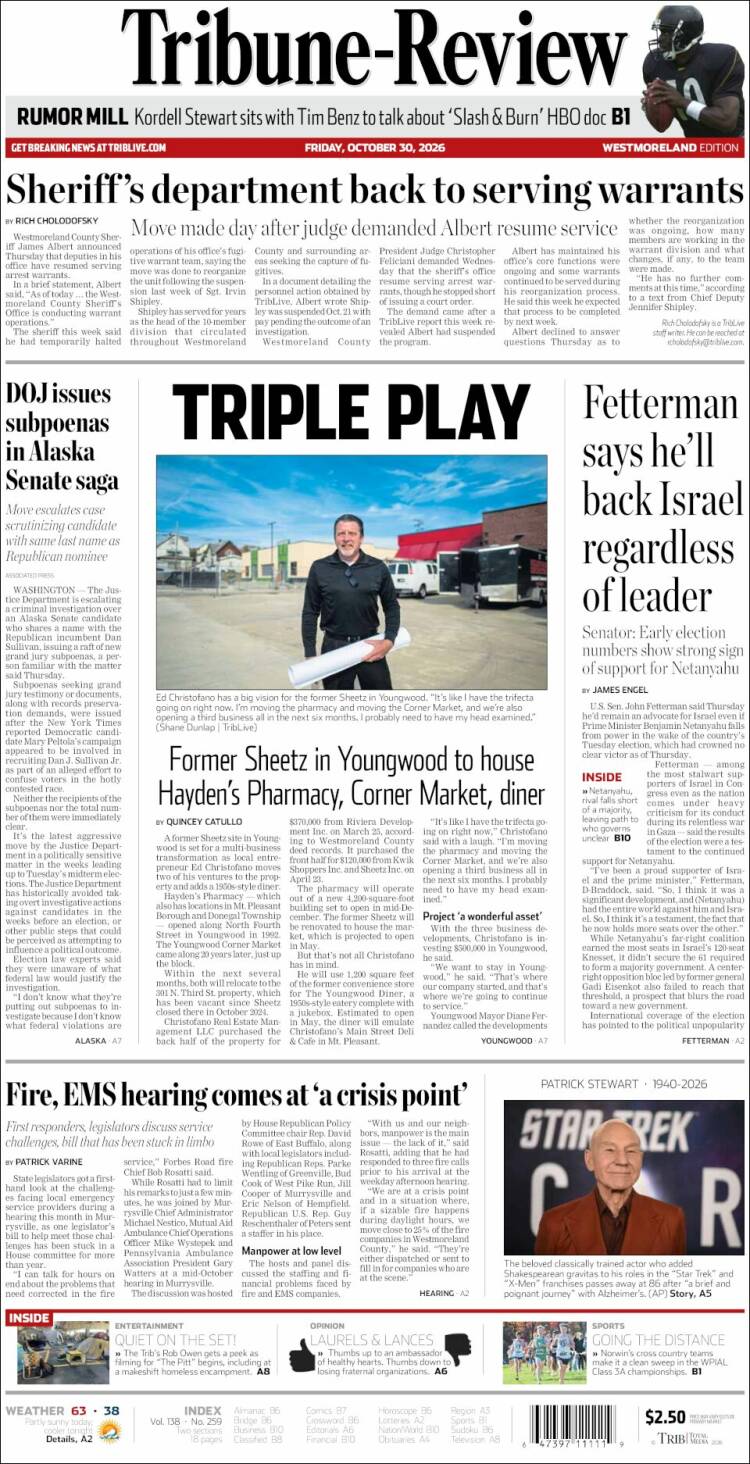 Portada de Tribune-Review (USA)