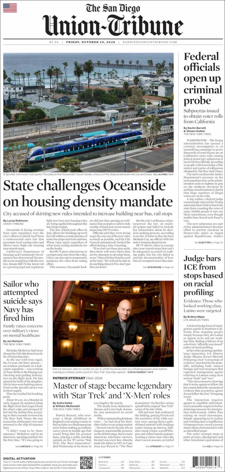 Portada de The San Diego Union-Tribune (USA)