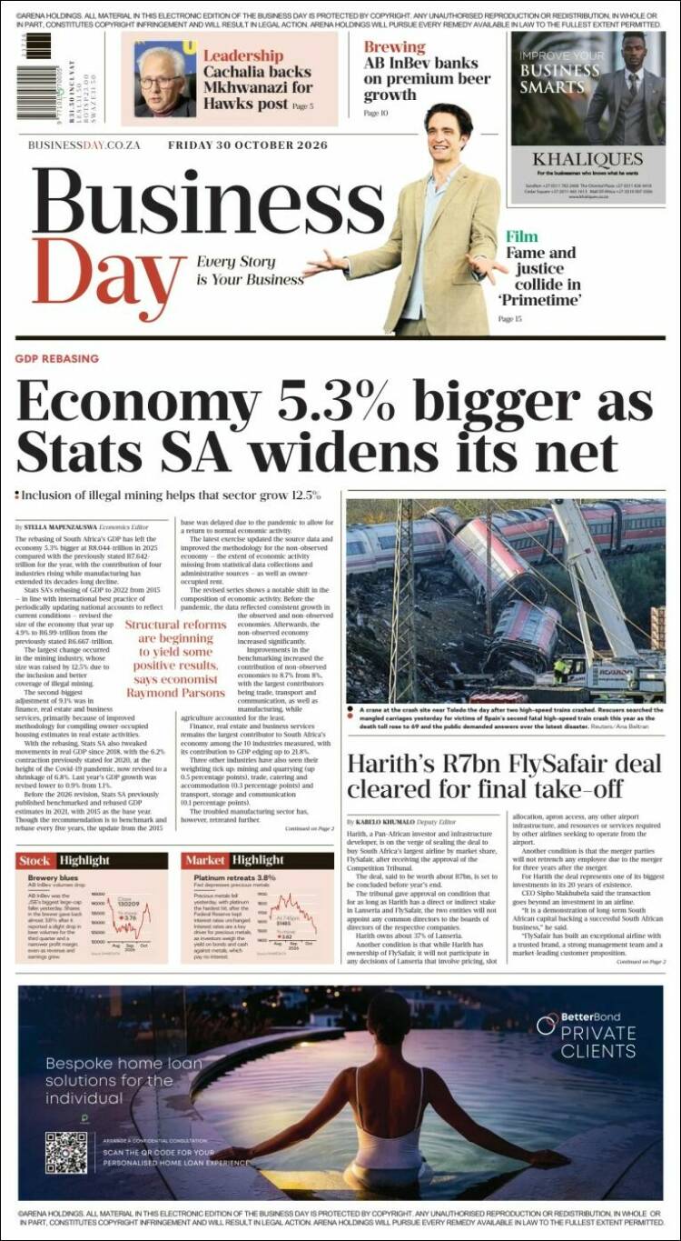 Portada de Business Day (Sud&aacute;frica)