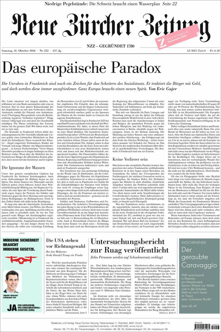 Portada de Neue Zürcher Zeitung (Suisse)