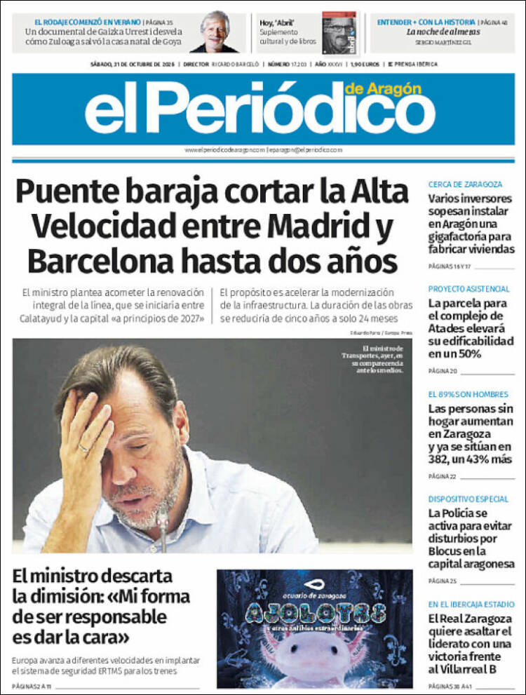 Portada de El Periódico de Aragón (Espagne)