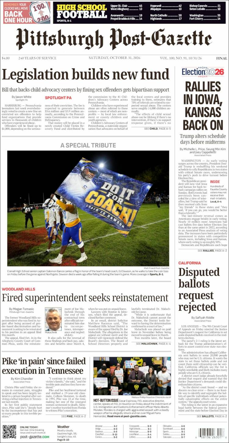Portada de Pittsburgh Post-Gazette (USA)